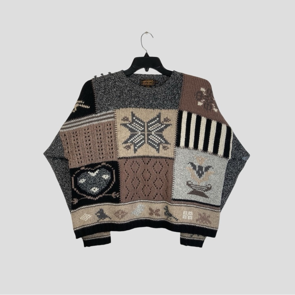 Vintage Eddie Bauer Patchwork Cable Crochet Knit Sweater Cozy Nordic Design Sz.L